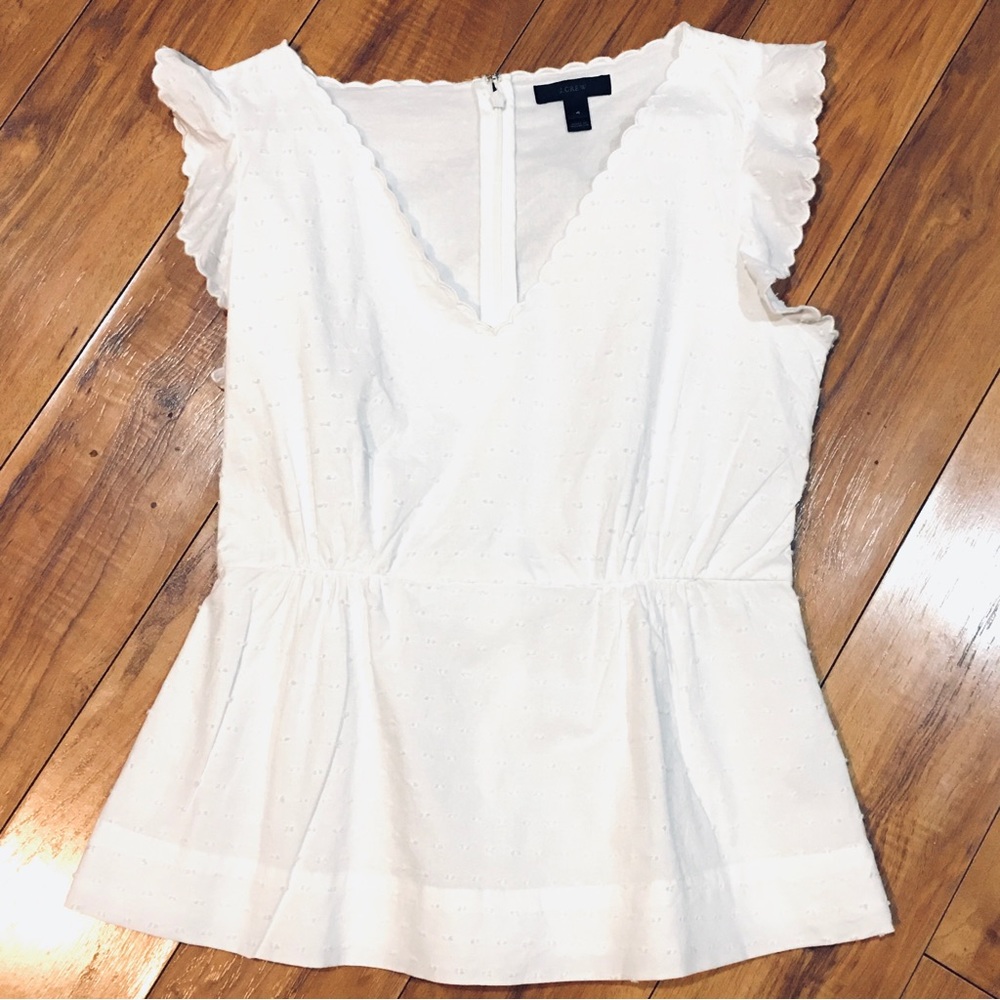 J Crew Swiss dot white peplum preppy boho cottage core chic blouse ruffle 4